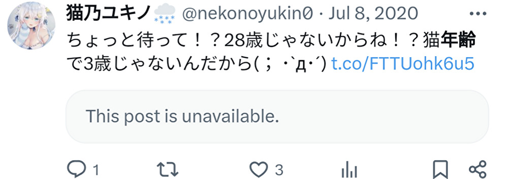 猫乃ユキノ,人間年齢,28歳